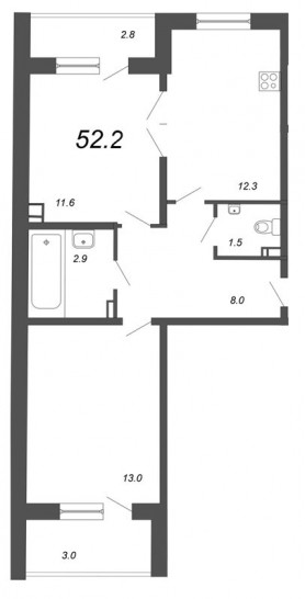 Двухкомнатная квартира 52.2 м²