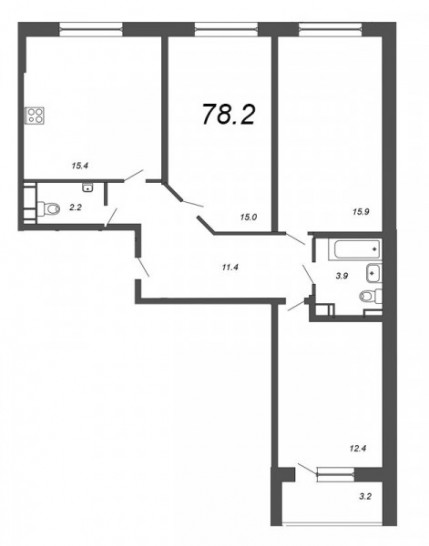 Трёхкомнатная квартира 78.2 м²