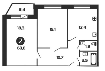 Двухкомнатная квартира 63.6 м²