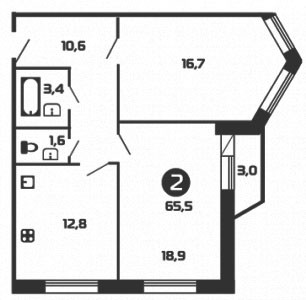 Двухкомнатная квартира 65.5 м²