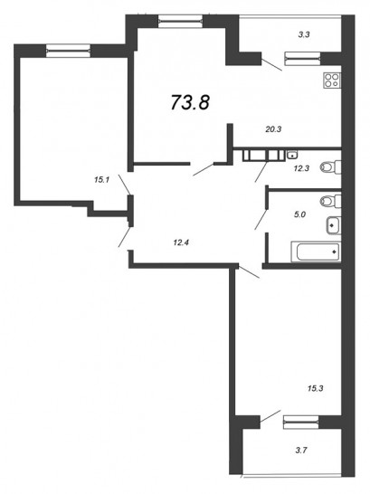 Двухкомнатная квартира 73.8 м²
