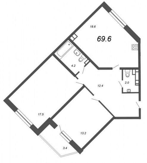 Двухкомнатная квартира 69.6 м²