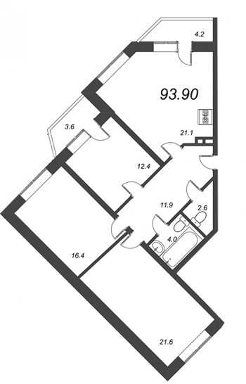 Трёхкомнатная квартира 93.9 м²