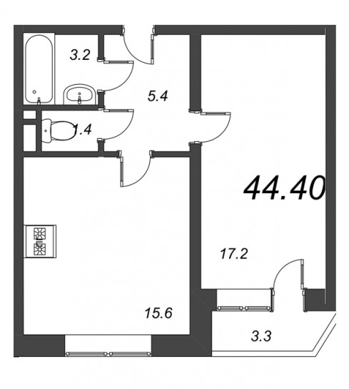 Однокомнатная квартира 44.4 м²