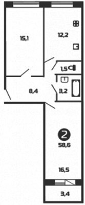 Двухкомнатная квартира 58.6 м²