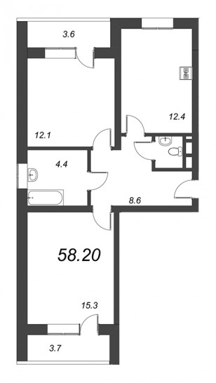 Двухкомнатная квартира 58.2 м²