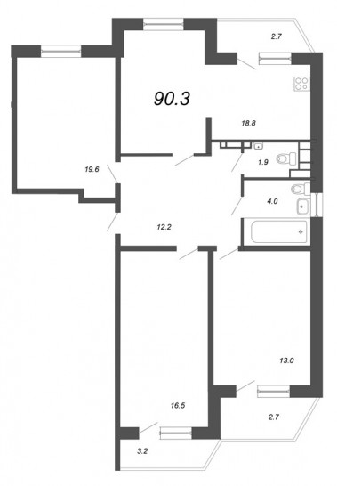 Трёхкомнатная квартира 90.3 м²