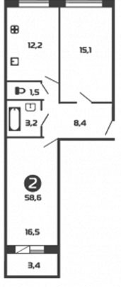 Двухкомнатная квартира 58.6 м²