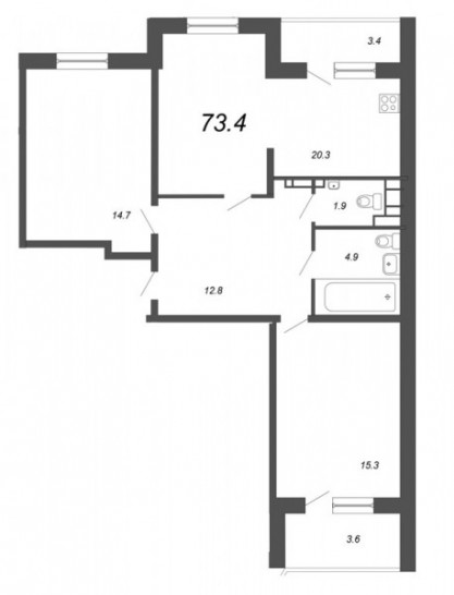 Двухкомнатная квартира 73.4 м²