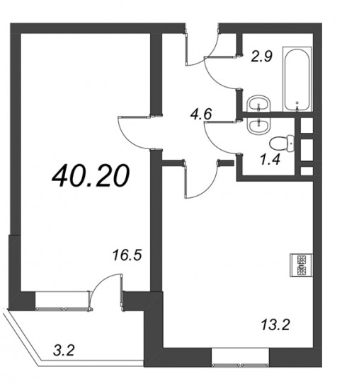 Однокомнатная квартира 40.2 м²