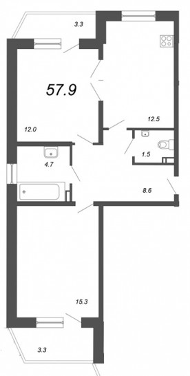 Двухкомнатная квартира 57.9 м²