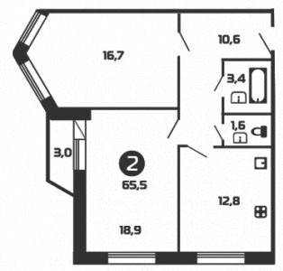 Двухкомнатная квартира 65.5 м²