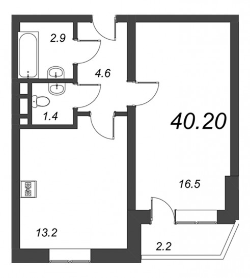 Однокомнатная квартира 40.2 м²