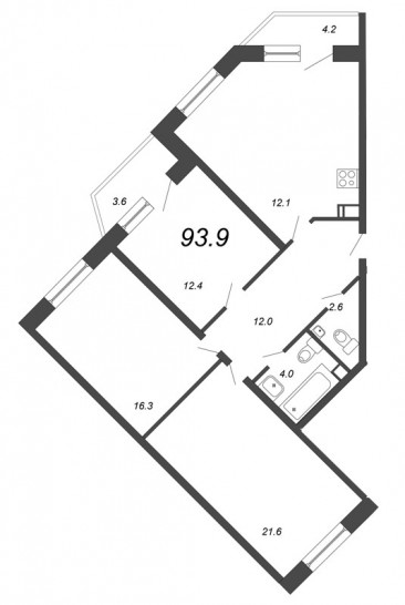 Трёхкомнатная квартира 93.9 м²