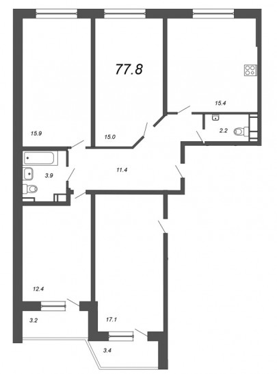 Трёхкомнатная квартира 77.8 м²