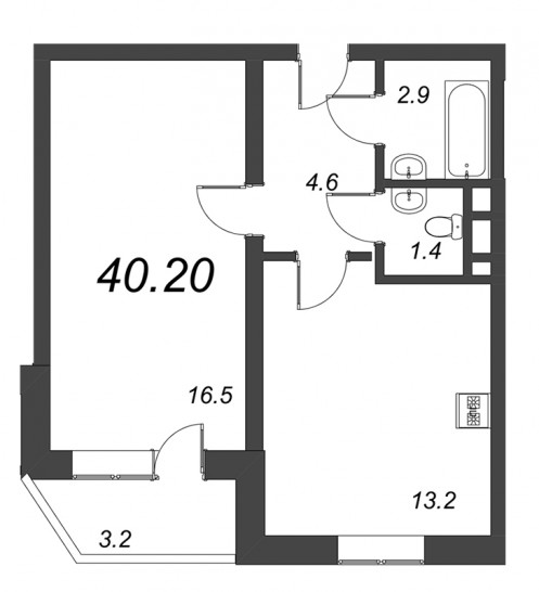 Однокомнатная квартира 40.2 м²