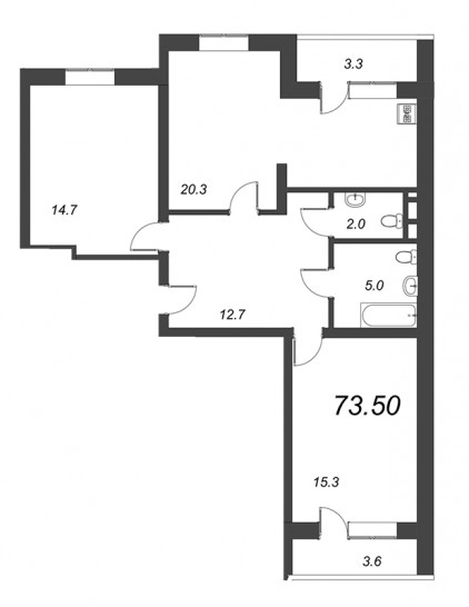 Двухкомнатная квартира 73.5 м²