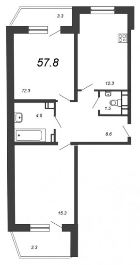 Двухкомнатная квартира 57.8 м²