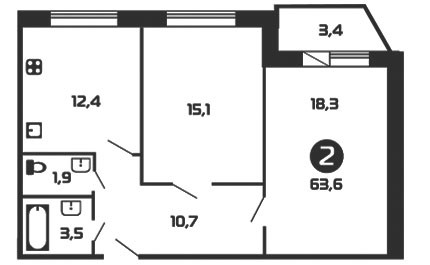 Двухкомнатная квартира 63.6 м²