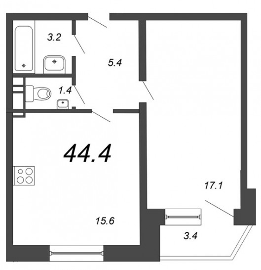 Однокомнатная квартира 44.4 м²