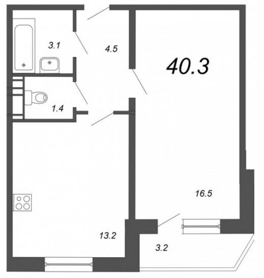 Однокомнатная квартира 40.3 м²