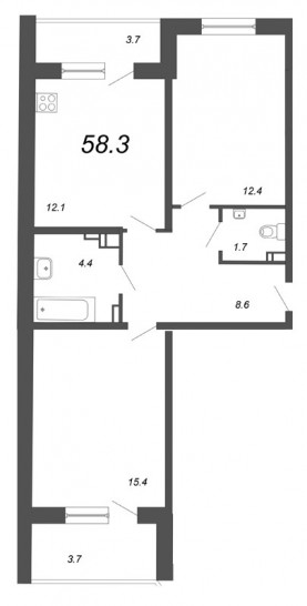 Двухкомнатная квартира 58.3 м²