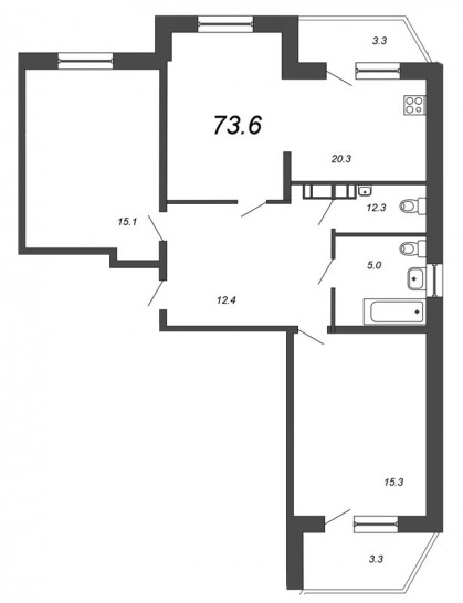 Двухкомнатная квартира 73.6 м²